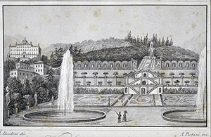 Engraving depicting a view of Villa Garzoni and garden (draughtsman L. Bandoni, engraver A. Parboni), in A. Mazzarosa, "Guida di Lucca e dei luoghi pi importanti del ducato", Lucca, 1843.