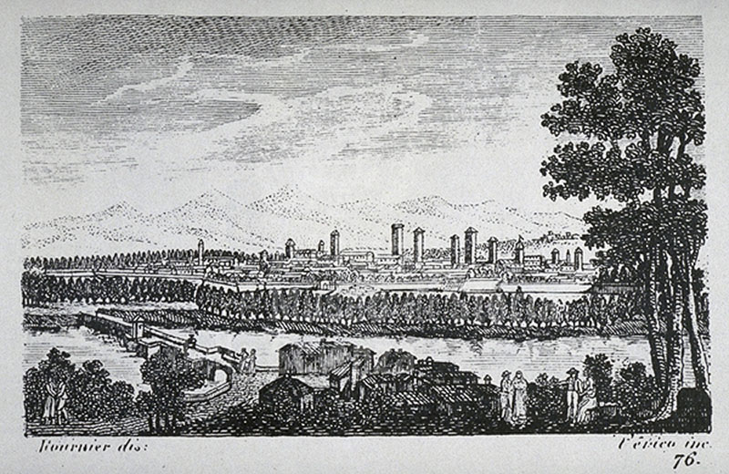 Engraving with a view of the city of Lucca, F. Fontani, "Viaggio pittorico della Toscana", Florence, for V. Batelli, 1827 (3rd ed.).