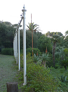 Terrazza della villa dell'Ottonella e palme, agavi, aloe, cicadee e altre piante esotiche nel Giardino Botanico, Portoferraio.