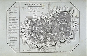 Map of the city of Lucca on the occasion of the Fifth Scientific Congress of Italian inl 1843, in A. Mazzarosa, "Guida di Lucca e dei luoghi pi importanti del ducato", Lucca, 1843.