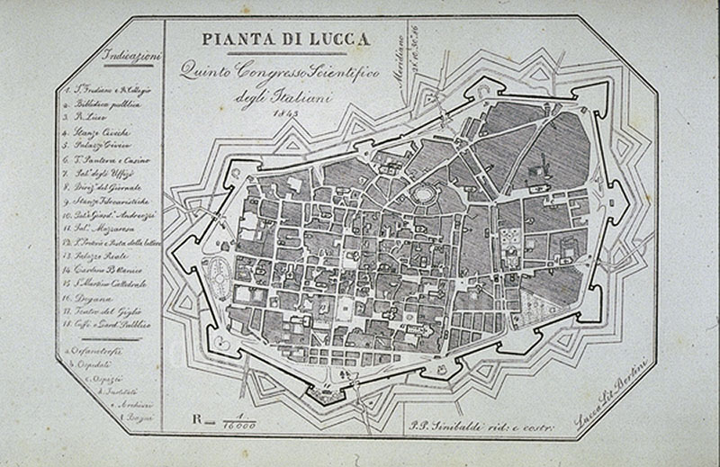 Map of the city of Lucca on the occasion of the Fifth Scientific Congress of Italian inl 1843, in A. Mazzarosa, "Guida di Lucca e dei luoghi pi importanti del ducato", Lucca, 1843.