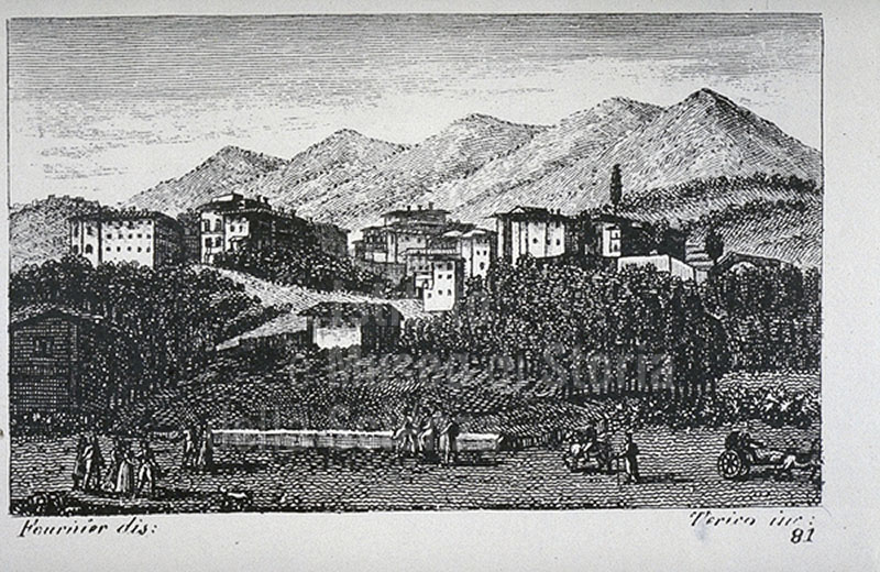 Incisione raffigurante una veduta di Bagni di Lucca, F. Fontani, "Viaggio pittorico della Toscana", Firenze, per V. Batelli, 1827 (3 ed.).