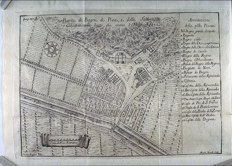 Map from 1742 showing the thermal stations of Pisa.