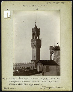 Stampa fotografica eseguita da Giorgio Roster raffigurante la Torre di Palazzo Vecchio, Firenze, aprile 1892, Fondo Roster, Istituto e Museo di Storia della Scienza, Firenze.