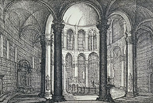 Interior of the Baptistry of Pisa, engraving by Bartolomeo Polloni (Raccolta di 12 vedute della citta di Pisa, disegnate, incise ed illustrate da Bartolommeo Polloni, s.l., s.n., 1834).