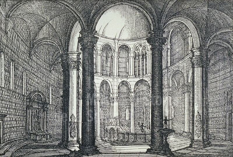 Interno del Battistero di Pisa, incisione di Bartolomeo Polloni (Raccolta di 12 vedute della citta di Pisa, disegnate, incise ed illustrate da Bartolommeo Polloni, s.l., s.n., 1834).