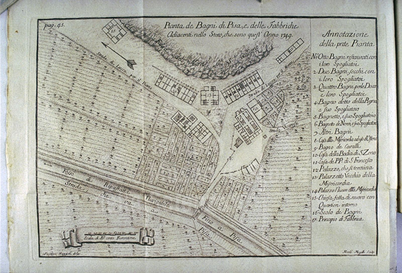Map  showing the thermal stations of Pisa in 1742.