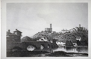 Print showing Poppi with the castle of the Conti Guidi, site of the Historical Section of the Rilliana Municipal Library.