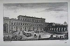 Engraving depicting the Pitti Palace, F. Fontani, "Viaggio pittorico della Toscana", Firenze, per V. Batelli, 1827 (3 ed.).