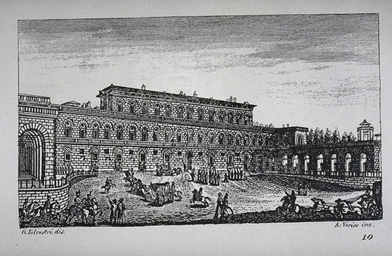 Engraving depicting the Pitti Palace, F. Fontani, "Viaggio pittorico della Toscana", Firenze, per V. Batelli, 1827 (3 ed.).