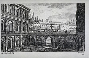 Incisione raffigurante il Cortile di Palazzo Pitti, F. Fontani, "Viaggio pittorico della Toscana", Firenze, per V. Batelli, 1827 (3 ed.).