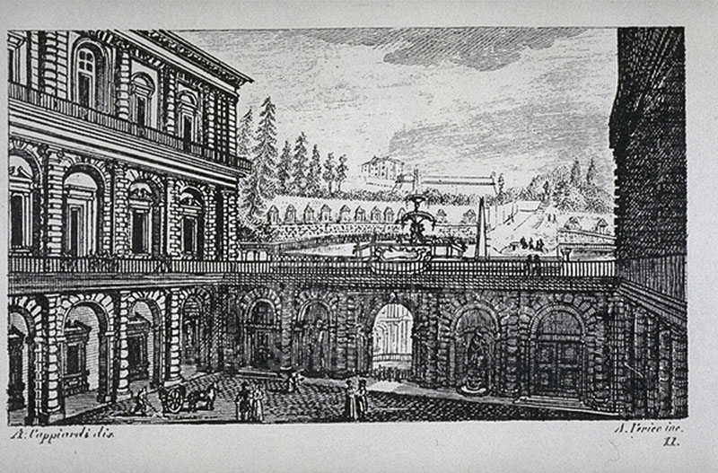 Incisione raffigurante il Cortile di Palazzo Pitti, F. Fontani, "Viaggio pittorico della Toscana", Firenze, per V. Batelli, 1827 (3 ed.).