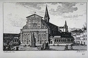 Incisione raffigurante la Basilica di San Lorenzo, F. Fontani, "Viaggio pittorico della Toscana", Firenze, per V. Batelli, 1827 (3 ed.).