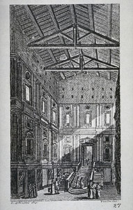 Engraving depicting the Medici Laurentian Library, F. Fontani, "Viaggio pittorico della Toscana" (Pictorial voyage through Tuscany), Florence, V. Batelli, 1827 (3rd ed.).