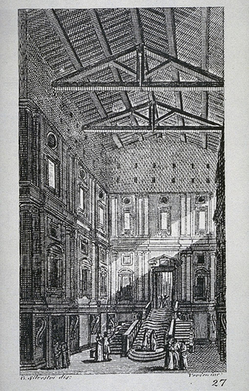 Engraving depicting the Medici Laurentian Library, F. Fontani, "Viaggio pittorico della Toscana" (Pictorial voyage through Tuscany), Florence, V. Batelli, 1827 (3rd ed.).