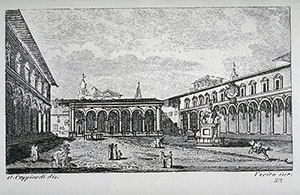 Incisione raffigurante Piazza Santissima Annunziata a Firenze, F. Fontani, "Viaggio pittorico della Toscana", Firenze, per V. Batelli, 1827 (3 ed.).