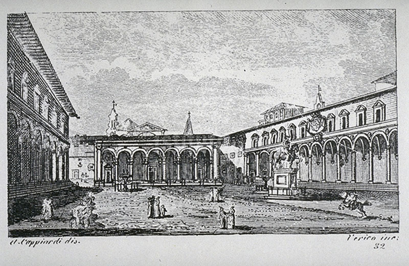 Engraving depicting Piazza Santissima Annunziata in Florence, F. Fontani, "Viaggio pittorico della Toscana", Florence, V. Batelli, 1827 (3rd ed.).