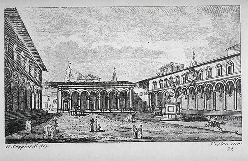 Incisione raffigurante Piazza Santissima Annunziata a Firenze, F. Fontani, "Viaggio pittorico della Toscana", Firenze, per V. Batelli, 1827 (3 ed.).