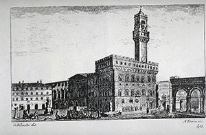 Incisione raffigurante Piazza della Signoria, F. Fontani, "Viaggio pittorico della Toscana", Firenze, per V. Batelli, 1827 (3 ed.).