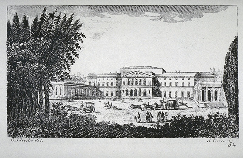 Incisione raffigurante una veduta della Villa di Poggio Imperiale a Firenze, F. Fontani, "Viaggio pittorico della Toscana", Firenze, per V. Batelli, 1827 (3 ed.).