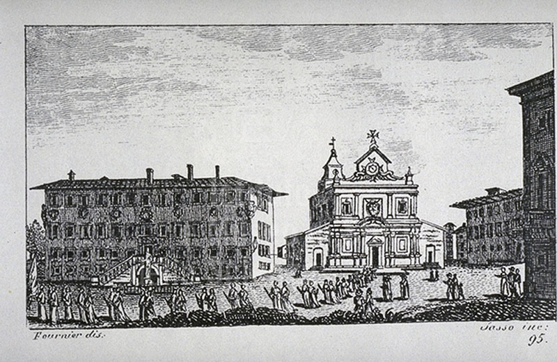 Incisione raffigurante Piazza dei Cavalieri a Pisa, F. Fontani, "Viaggio pittorico della Toscana", Firenze, per V. Batelli, 1827 (3 ed.).