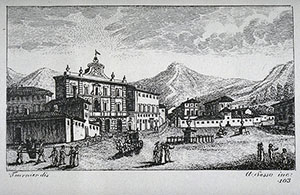 Incisione raffigurante le Terme di San Giuliano, F. Fontani, "Viaggio pittorico della Toscana", Firenze, per V. Batelli, 1827 (3 ed.).