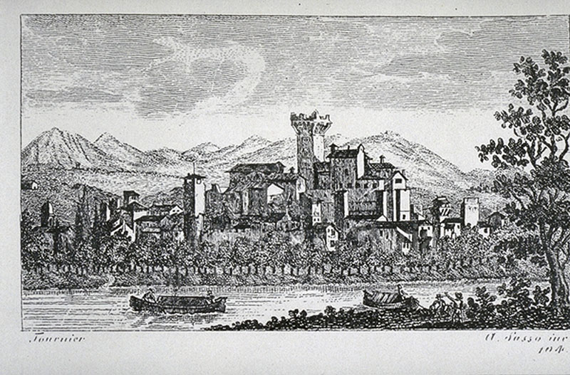 Engraving with a view of the city of Vico Pisano, F. Fontani, "Viaggio pittorico della Toscana", Florence, for V. Batelli, 1827 (3rd ed.).