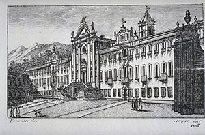 Engraving of the Carthusian Monastery of Calci, F. Fontani, "Viaggio pittorico della Toscana", Florence, V. Batelli, 1827 (3rd ed.).