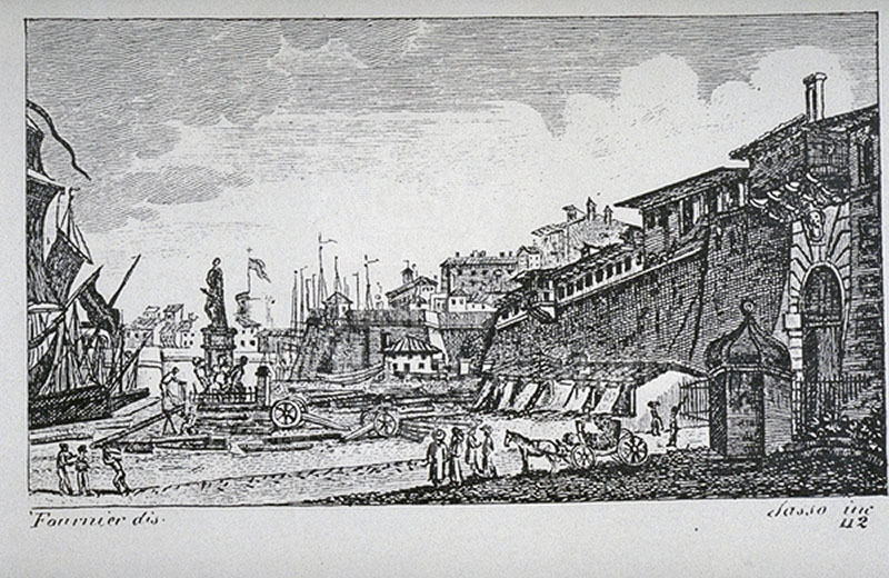 Incisione raffigurante una veduta della darsena di Livorno, F. Fontani, "Viaggio pittorico della Toscana", Firenze, per V. Batelli, 1827 (3 ed.).