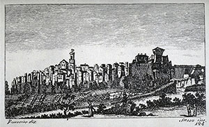 Incisione raffigurante una veduta di Pitigliano, F. Fontani, "Viaggio pittorico della Toscana", Firenze, per V. Batelli, 1827 (3 ed.).