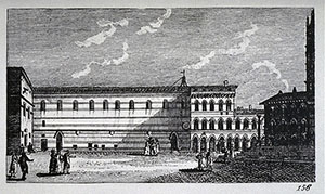 Incisione raffigurante una veduta dello Spedale di Santa Maria della Scala, F. Fontani, "Viaggio pittorico della Toscana", Firenze, per V. Batelli, 1827 (3 ed.).