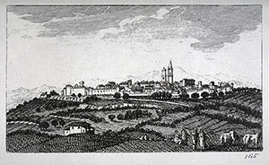 Incisione raffigurante una veduta della citt di Pienza, F. Fontani, "Viaggio pittorico della Toscana", Firenze, per V. Batelli, 1827 (3 ed.).