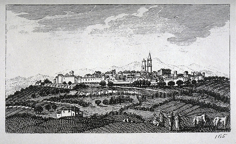 Engraving depicting a view of the city of Pienza, F. Fontani, "Viaggio pittorico della Toscana", Firenze, per V. Batelli, 1827 (3 ed.).