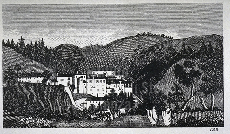 Engraving representing a view of Camaldoli, F. Fontani, "Viaggio pittorico della Tuscana" (Pictorial voyage through Tuscany), V. Batti, 1827 (3rd ed.)