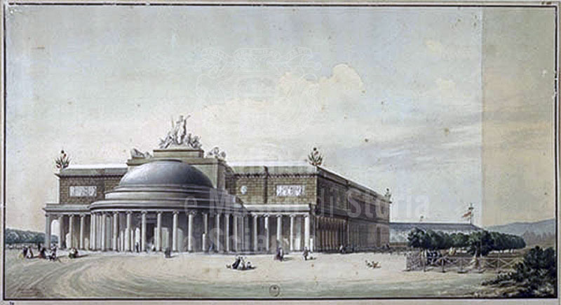 Ex Stazione Leopolda di Firenze, disegno raffigurante la veduta esterna del palazzo dell'Esposizione italiana del 1861 in Firenze, secondo il progetto dell'architetto Giuseppe Martelli, Gabinetto Disegni e Stampe degli Uffizi, Firenze.