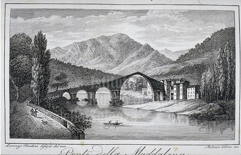 Engraving depicting the Magdalene Bridge (draughtsman L. Bandoni, engraver A. Verico), in A. Mazzarosa, "Guida di Lucca e dei luoghi pi importanti del ducato", Lucca, 1843.