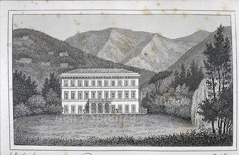 Engraving depicting Villa Reale a Marlia (draughtsman L. Bandoni, engraver Martelli), in A. Mazzarosa, "Guida di Lucca e dei luoghi pi importanti del ducato", Lucca, 1843.