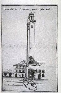 Drawing representing the historic hoisting of the great bell up to the second merlons of the Torre del Mangia in Siena.