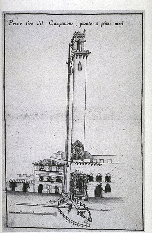 Drawing representing the historic hoisting of the great bell up to the second merlons of the Torre del Mangia in Siena.