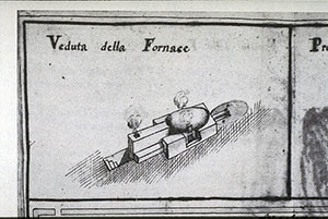 Drawing depicting the "Furnace" that permitted the functioning of the big bell of the Torre del Mangia in Siena.