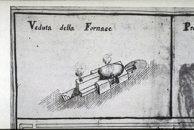 Disegno raffigurante la "Fornace" che permetteva il funzionamento del campanone della Torre del Mangia a Siena.