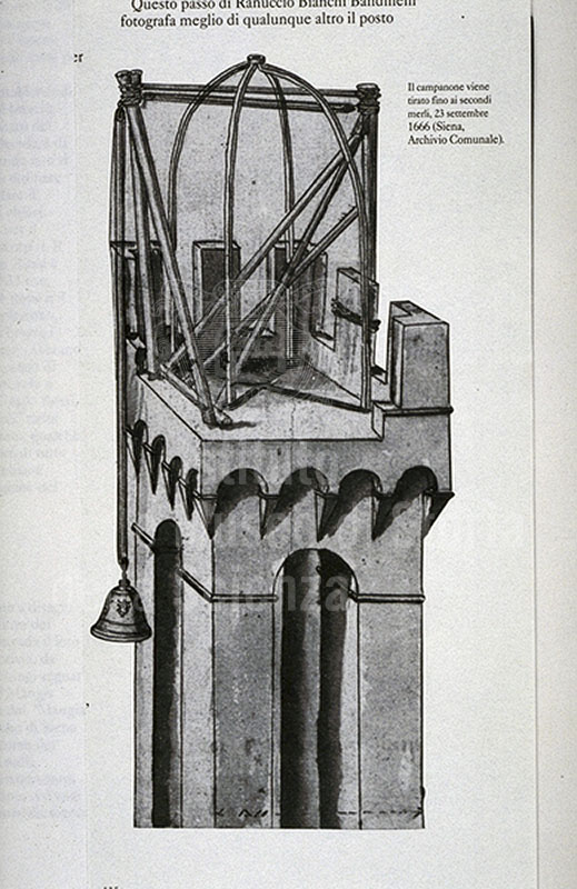 Drawing depicting the historical installation of the big bell up to the second battlements of the Torre del Mangia in Siena (September 23, 1666).