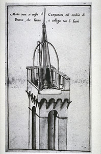 Disegno raffigurante la collocazione del campanone nella Torre del Mangia a Siena.