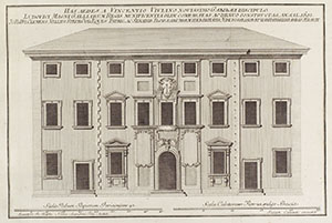 Prospetto del Palazzo dei Cartelloni, ovvero Palazzo Viviani (da Giovanni Battista Clemente Nelli, Vita e commercio letterario di Galileo Galilei, Firenze, nella stamperia Mocke, 1793)