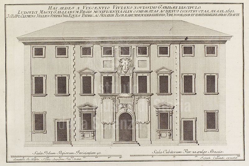 Prospetto del Palazzo dei Cartelloni, ovvero Palazzo Viviani (da Giovanni Battista Clemente Nelli, Vita e commercio letterario di Galileo Galilei, Firenze, nella stamperia Mocke, 1793)