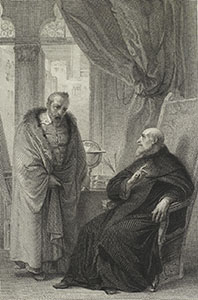 Galileo Galilei innanzi a Fra' Paolo Sarpi. Acquaforte di Carlo Raimondi, 1838 (da  Fiori d'arti e di lettere italiane per l'anno 1839, Milano, Bravetta, 1839).