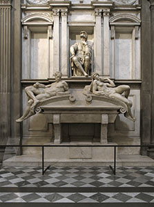 Tomb of Lorenzo Duke of Urbino. Scultures by Michelangelo Buonarroti, 1533. Museo delle Cappelle Medicee, Sacrestia Nuova, Florence.