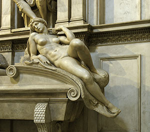 L'Aurora. Sepolcro di Lorenzo duca di Urbino, particolare scultoreo di Michelangelo Buonarroti, 1531. Museo delle Cappelle Medicee, Sacrestia Nuova, Firenze.