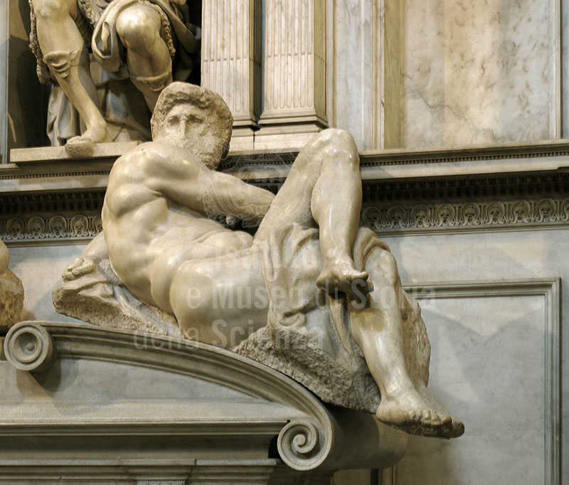 Day. Tomb of Giuliano Duke of Nemours, sculptural detail by  Michelangelo Buonarroti, Museo delle Cappelle Medicee, Sacrestia Nuova, Florence.