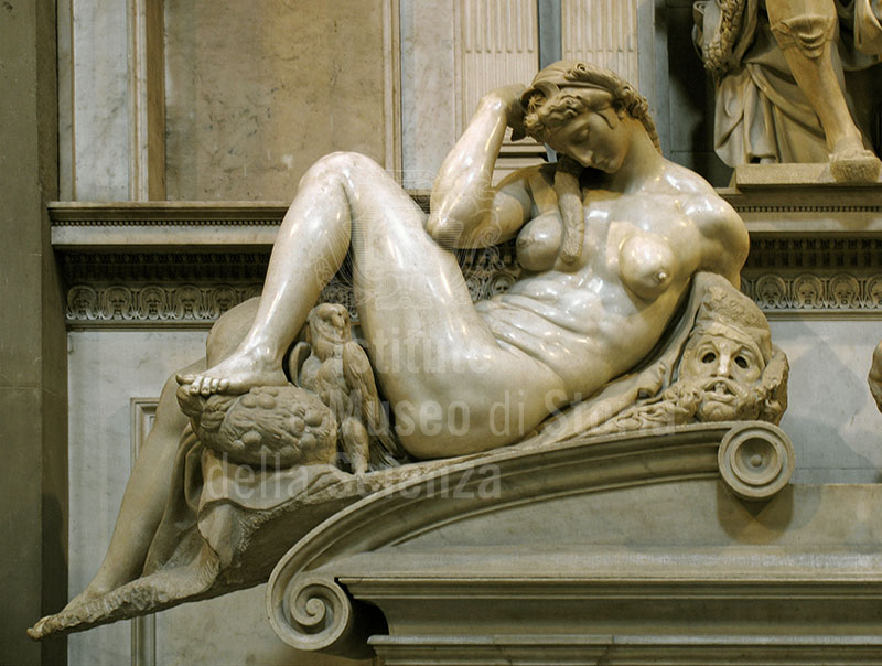 Night. Tomb of Giuliano Duke of Nemours, sculptural detail by Michelangelo Buonarroti, Museo delle Cappelle Medicee, Sacrestia Nuova, Florence.